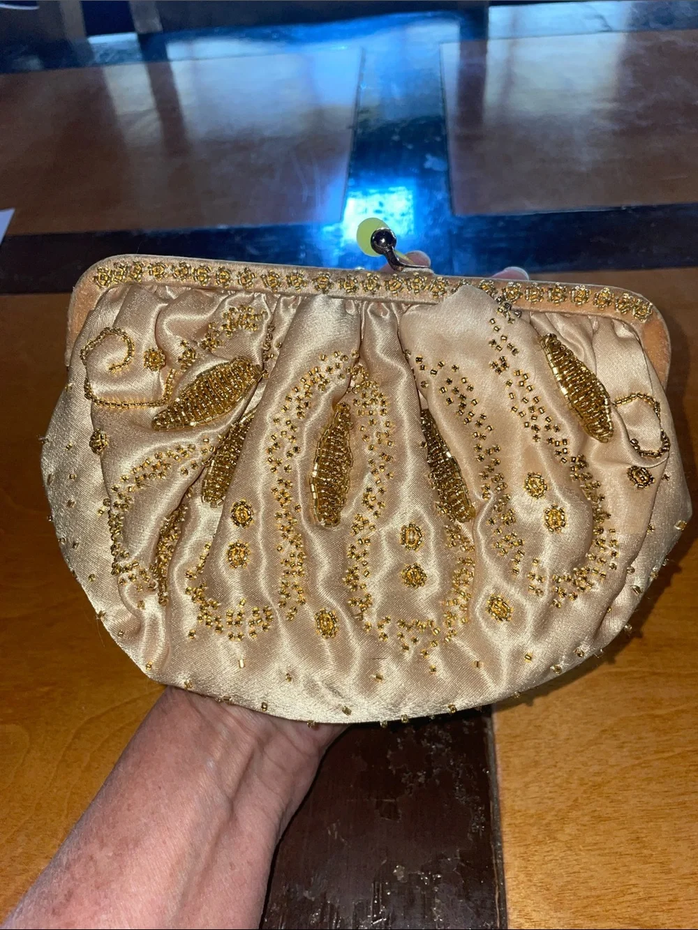 La Regale from Hong Kong Gold Beaded Satin Clutch